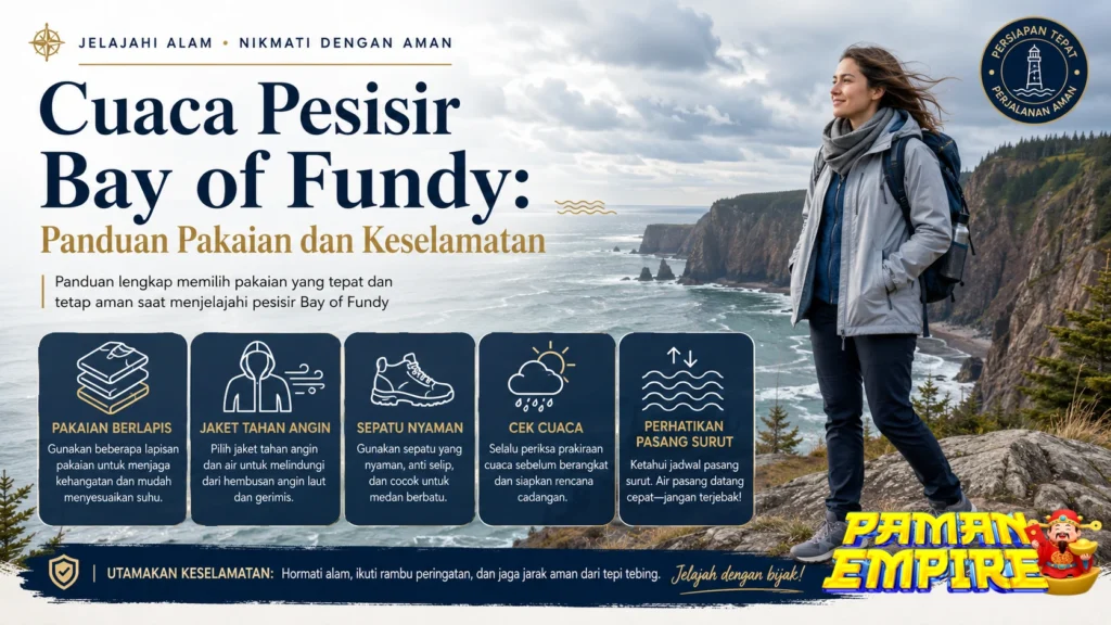 Pemandangan cuaca pesisir Bay of Fundy untuk panduan pakaian berlapis dan keselamatan perjalanan