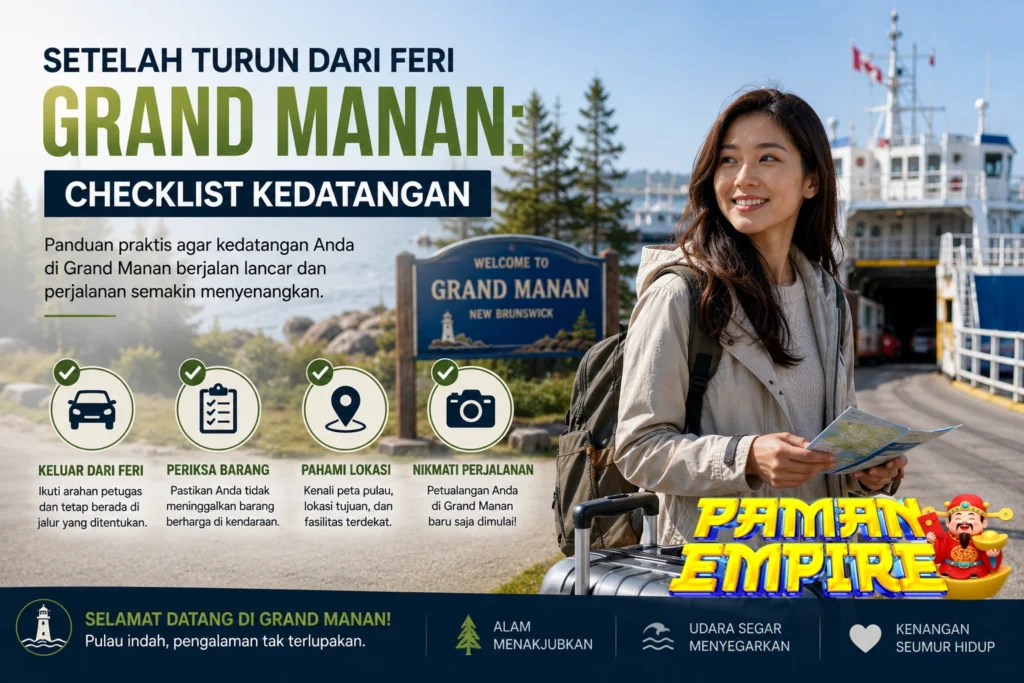 Wisatawan tiba di Grand Manan setelah turun dari feri dan memeriksa checklist kedatangan