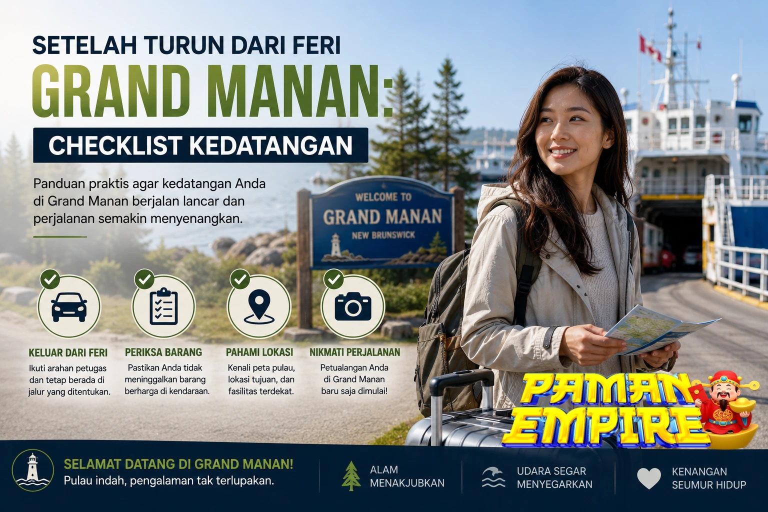 Checklist Kedatangan di Grand Manan Wisatawan tiba di Grand Manan setelah turun dari feri dan memeriksa checklist kedatangan