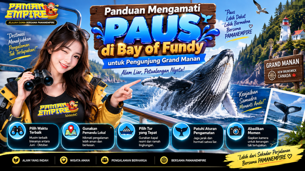 Panduan mengamati paus di Bay of Fundy untuk pengunjung Grand Manan dengan ilustrasi paus, kapal wisata, dan panorama pesisir