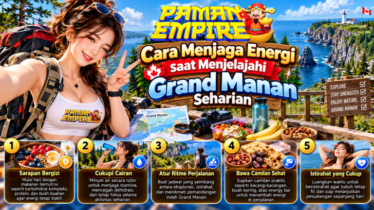 Panduan menjaga energi saat menjelajahi Grand Manan seharian, menampilkan wanita berbaju logo Paman Empire, pemandangan pantai, mercusuar, perlengkapan hiking, dan lima tips menjaga stamina.