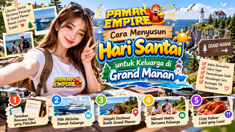 Ilustrasi hari santai keluarga di Grand Manan dengan pemandangan pantai, mercusuar, aktivitas wisata, dan wanita berkaos Paman Empire.