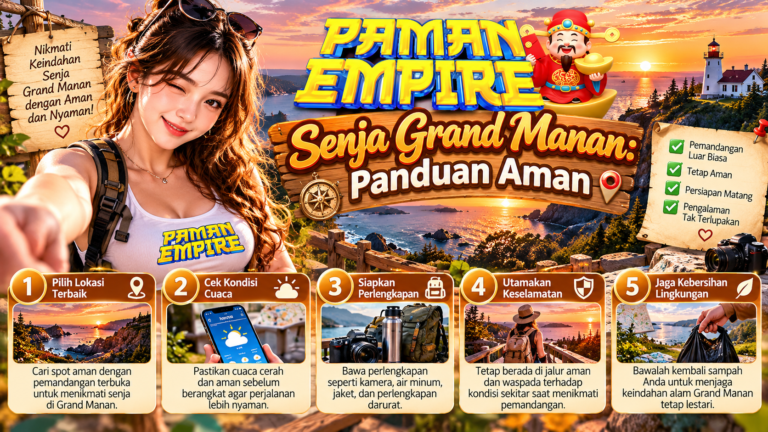 Infografis PAMANEMPIRE tentang panduan aman menikmati senja di Grand Manan, menampilkan wanita wisatawan, pemandangan matahari terbenam, dan lima tips keselamatan.