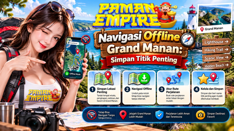 Ilustrasi navigasi offline Grand Manan dengan wanita memegang smartphone berisi peta digital, titik lokasi wisata, dan logo Paman Empire.