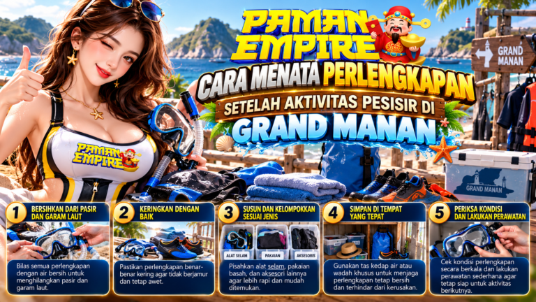 Banner panduan menata perlengkapan pesisir di Grand Manan, menampilkan wanita berbaju logo PAMANEMPIRE, alat snorkeling, sepatu pantai, tas, handuk, dan lima langkah membersihkan serta menyimpan perlengkapan.
