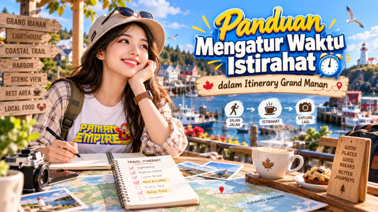 Panduan mengatur waktu istirahat dalam itinerary Grand Manan dengan suasana perjalanan santai, peta wisata, jadwal aktivitas, dan waktu rehat yang seimbang.