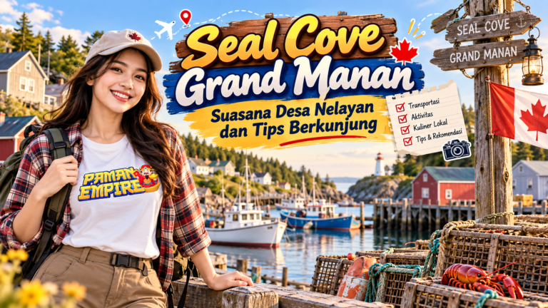 Seal Cove Grand Manan dengan suasana desa nelayan, perahu di pelabuhan, dan panduan tips berkunjung bertema PamanEmpire.