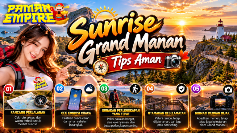 Ilustrasi Sunrise Grand Manan saat matahari terbit di pesisir laut dengan mercusuar, tebing, dan panduan tips aman menikmati sunrise.